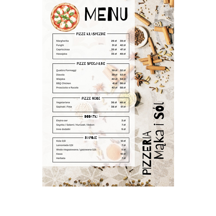 Szablon Canva Menu pizzerii A4 – jasna karta dań z przyprawami w tle