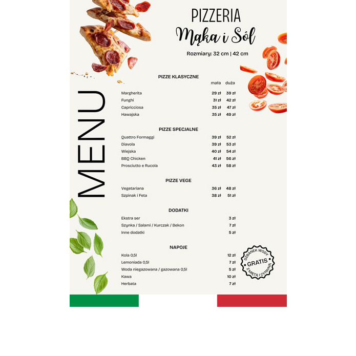 Szablon Canva Menu pizzerii A4 – włoska karta z rozmiarami pizzy